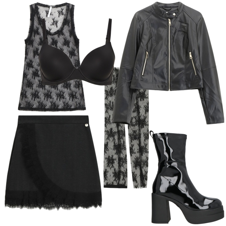 Outfit donna - Tanto pizzo. Stile Sexy per Serata fuori. Abbinamento con stivaletti, reggiseni, minigonne, giacche, canottiere, guanti.