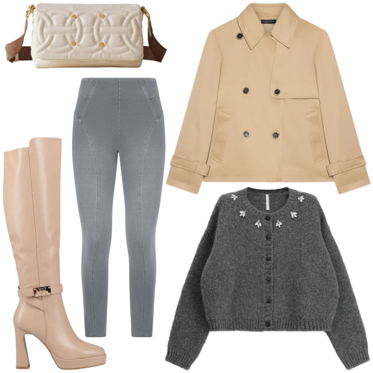 Outfit donna - Look sofisticato. Stile Glamour per Ufficio. Abbinamento con stivali, cardigans, jeggings, borse a tracolla, trench.