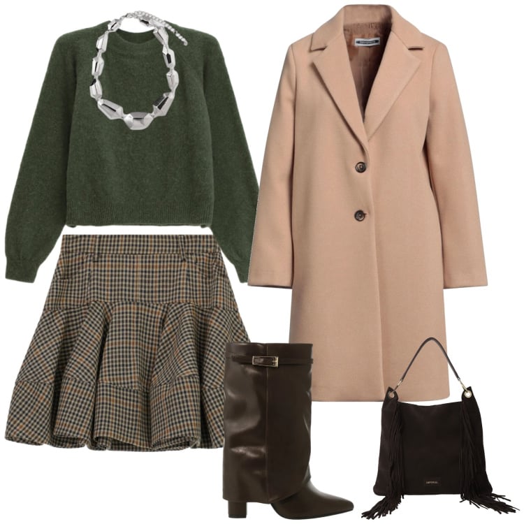 Outfit donna - Style quasi bon ton. Stile Bon Ton per Tutti i giorni. Abbinamento con cappotti, minigonne, maglieria, stivali, borse a spalla, ciondoli.