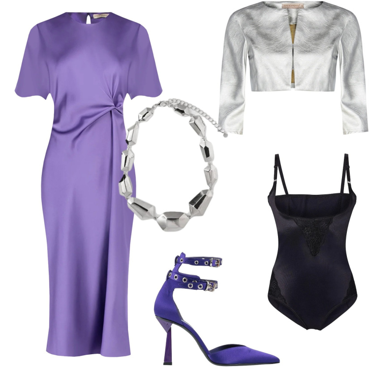 Outfit donna - Ricordati di splendere. Stile Chic per Serata fuori. Abbinamento con body, décolleté, vestiti midi/longuette, bolero, ciondoli.