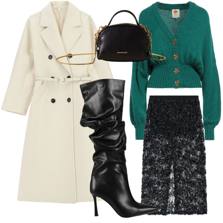 Outfit donna - Trasparenze chic. Stile Chic per Serata fuori. Abbinamento con stivali, cardigans, cappotti, gonne longuette, borse a mano.