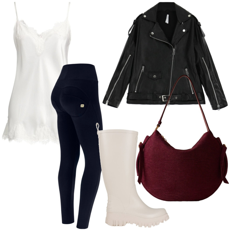 Outfit donna - Urban girl. Stile Basic per Tutti i giorni. Abbinamento con stivali di gomma, top, giacche, pantaloni skinny, borse a spalla.