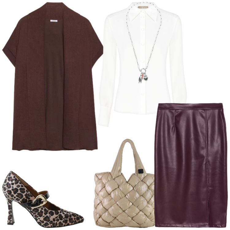 Outfit donna - In ufficio. Stile Casual chic per Ufficio. Abbinamento con camicie, décolleté, ciondoli, borse tote, gonne longuette, cardigans.