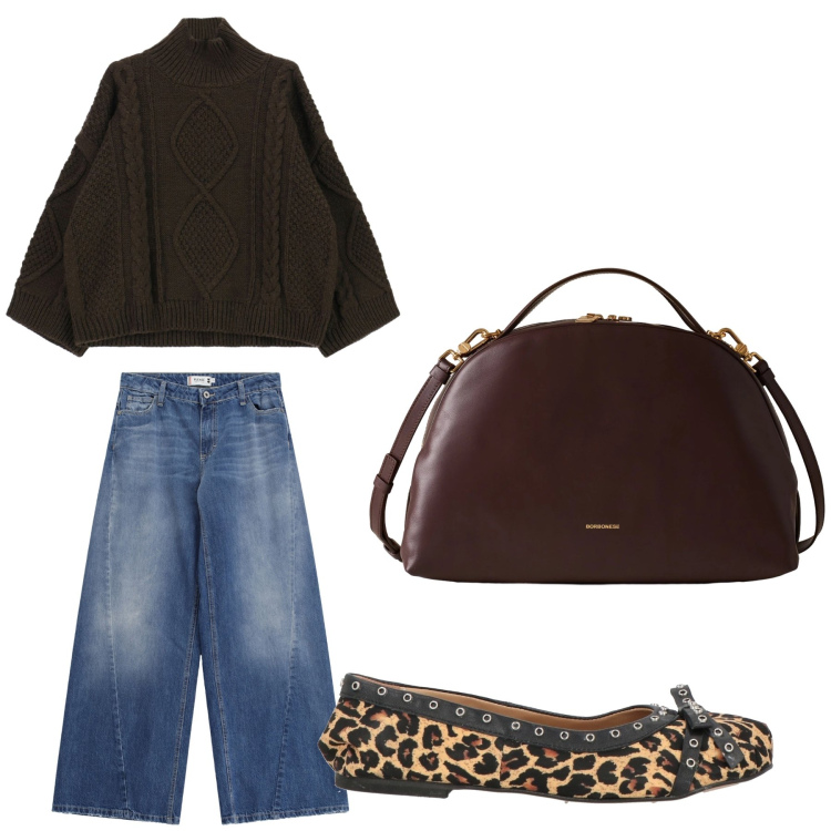 Outfit donna - Aperitivo. Stile Trendy per Tutti i giorni. Abbinamento con ballerine, jeans, maglieria, borse a mano.