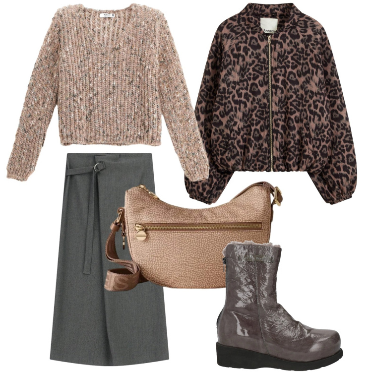 Outfit donna - Bomber animalier. Stile Casual chic per Tutti i giorni. Abbinamento con bomber, stivaletti, maglieria, gonne lunghe, borse a tracolla.