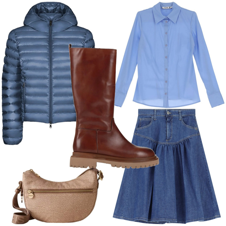 Outfit donna - Gonna trendy. Stile Trendy per Scuola/Università. Abbinamento con stivali, gonne longuette, camicie, borse a tracolla, bomber.