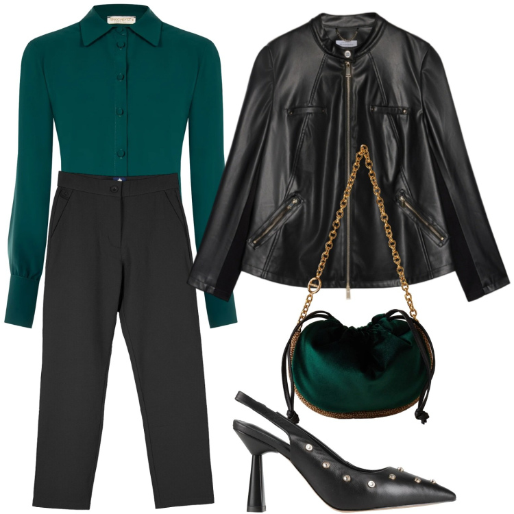 Outfit donna - Aperitivo serale. Stile Trendy per Serata fuori. Abbinamento con décolleté, camicie, borse a spalla, pantaloni chino, giacche.