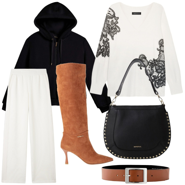 Outfit donna - Gli stivali brandy. Stile Sporty chic per Tutti i giorni. Abbinamento con cinture, stivali, borse a spalla, pantaloni, bomber, maglieria.