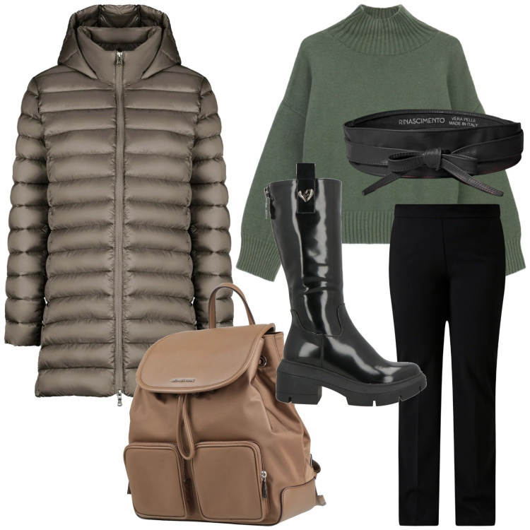 Outfit donna - Casual chic. Stile Casual chic per Scuola/Università. Abbinamento con zaini, stivali, pantaloni a palazzo, cinture, maglieria, piumini.