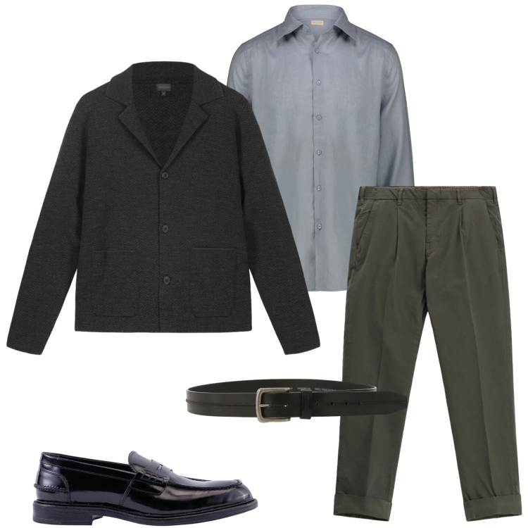 Outfit uomo - A cena da amici. Stile Business/Elegante per Serata speciale. Abbinamento con pantaloni chino, cinture, camicie, scarpe stringate, cardigans.