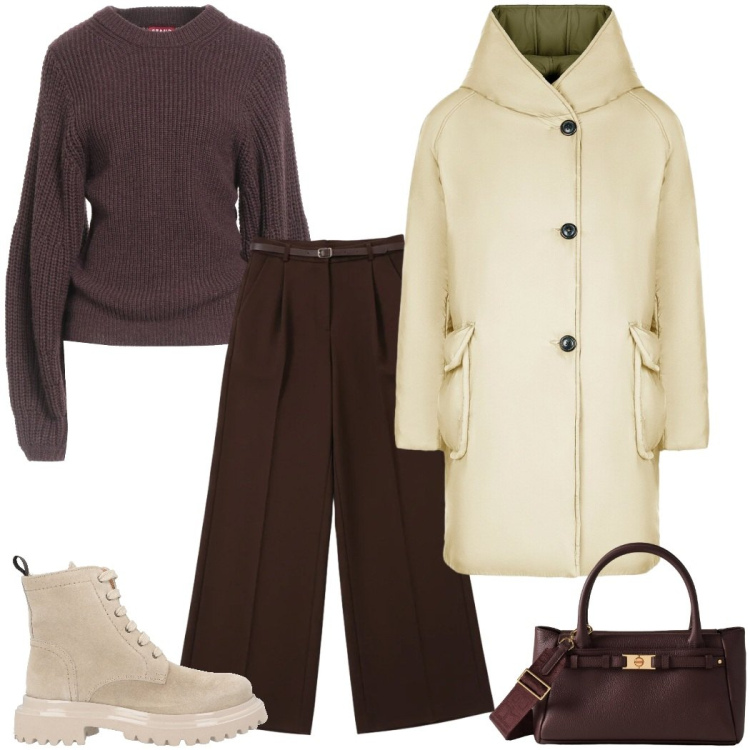 Outfit donna - Freddo dicembre. Stile Urban per Tutti i giorni. Abbinamento con pullovers, anfibi, pantaloni a palazzo, borse a mano, cappotti.