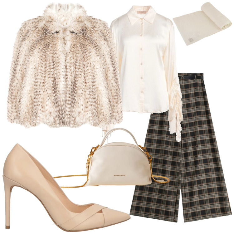 Outfit donna - Giornate fredde con stile. Stile Casual chic per Cerimonia. Abbinamento con camicie, décolleté, ecopellicce, pantaloni a palazzo, borse a mano, sciarpe.