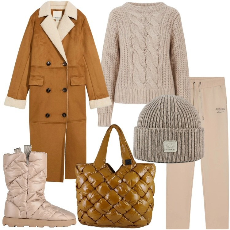Outfit donna - Natale ad alta quota. Stile Casual chic per Tutti i giorni. Abbinamento con cappotti, stivaletti, maglieria, pantaloni, borse tote, cappelli.