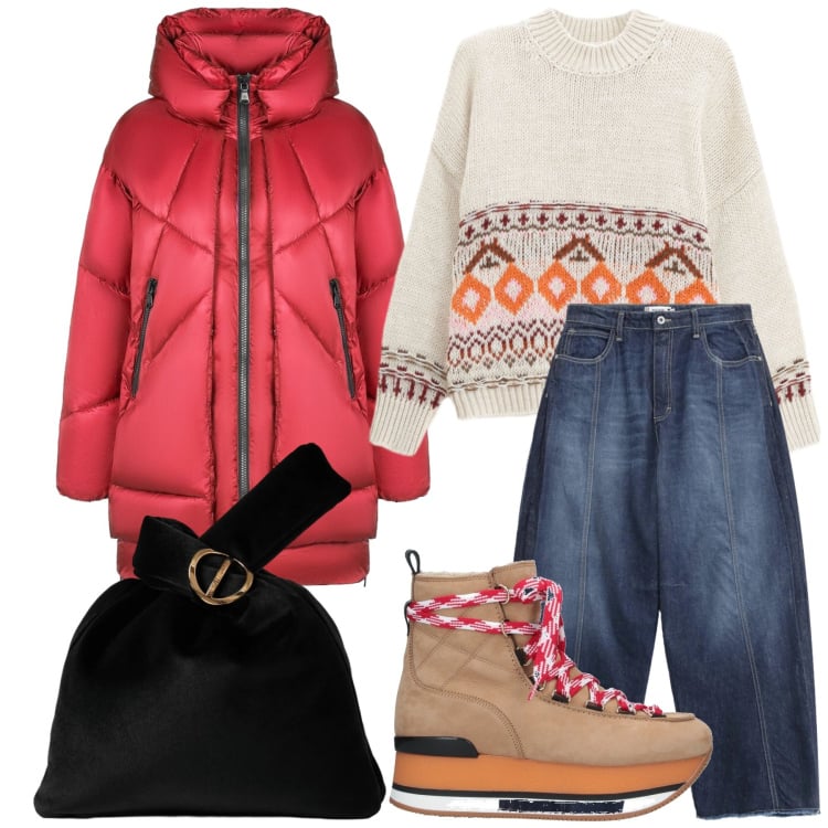 Outfit donna - In giro per auguri. Stile Casual chic per Tutti i giorni. Abbinamento con stivaletti, jeans, maglieria, borse a mano, piumini.