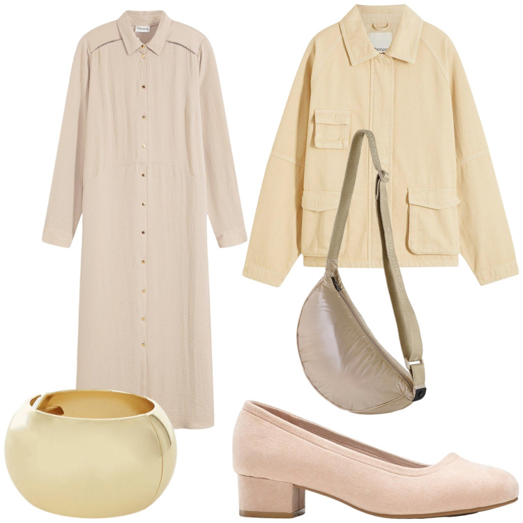 Outfit donna - Beige. Stile Basic per Ufficio. Abbinamento con vestiti chemisier, décolleté, blazer, braccialetti, borse sportive.
