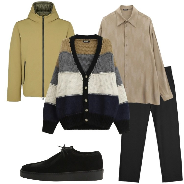 Outfit uomo - L\'aperitivo dopo l\'ufficio. Stile Trendy per Tutti i giorni. Abbinamento con camicie, scarpe stringate, cardigans, pantaloni chino, parka.