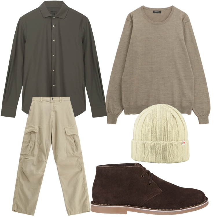Outfit uomo - Il berretto casual. Stile Casual per Tutti i giorni. Abbinamento con pantaloni cargo, maglieria, berretti, stivali e stivaletti, camicie.