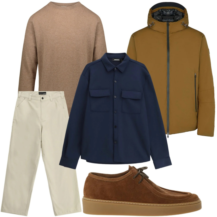 Outfit uomo - Toni invernali. Stile Casual per Ufficio. Abbinamento con pantaloni, camicie, scarpe stringate, eskimo, maglieria.