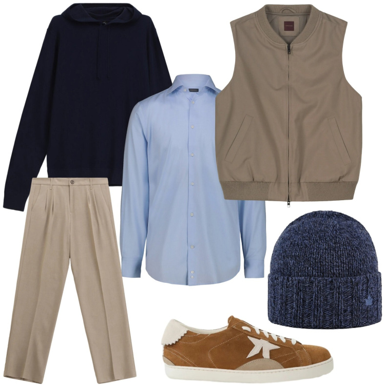 Outfit uomo - Guardaroba a strati. Stile Trendy per Tutti i giorni. Abbinamento con pantaloni, maglieria, sneakers, cappelli, piumini, camicie.