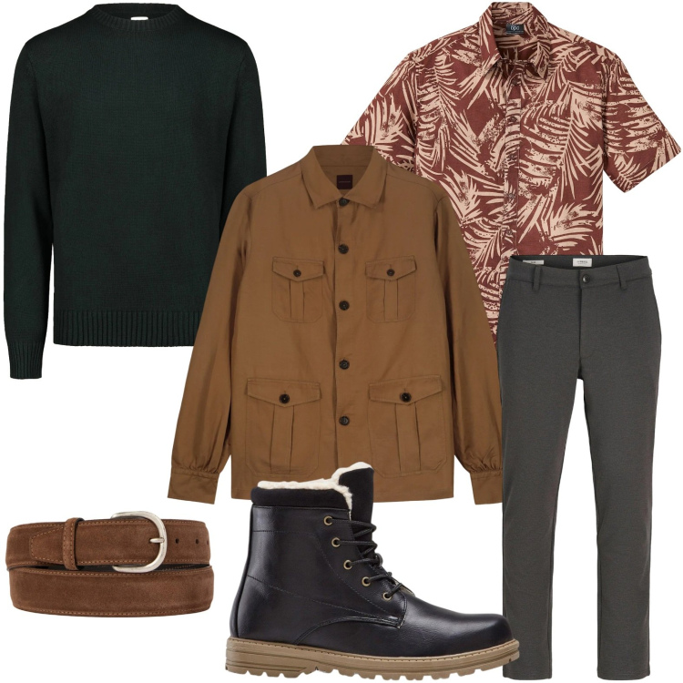 Outfit uomo - Stile invernale casual. Stile Casual per Ufficio. Abbinamento con pantaloni chino, stivali e stivaletti, camicie a manica corta, cappotti, maglieria, cinture.