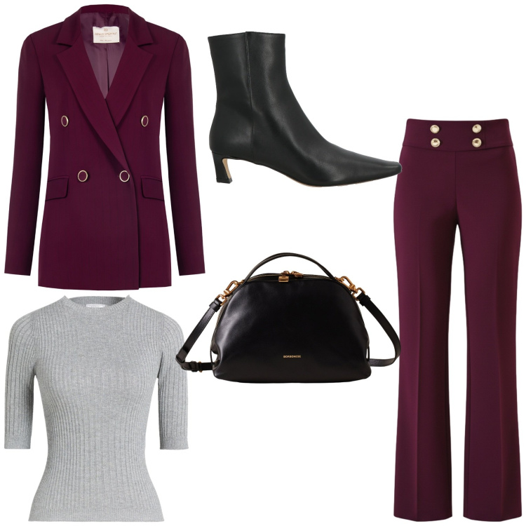 Outfit donna - Elegante e femminile bordeaux. Stile Trendy per Serata fuori. Abbinamento con stivaletti, pullovers, blazer, pantaloni, borse a mano.