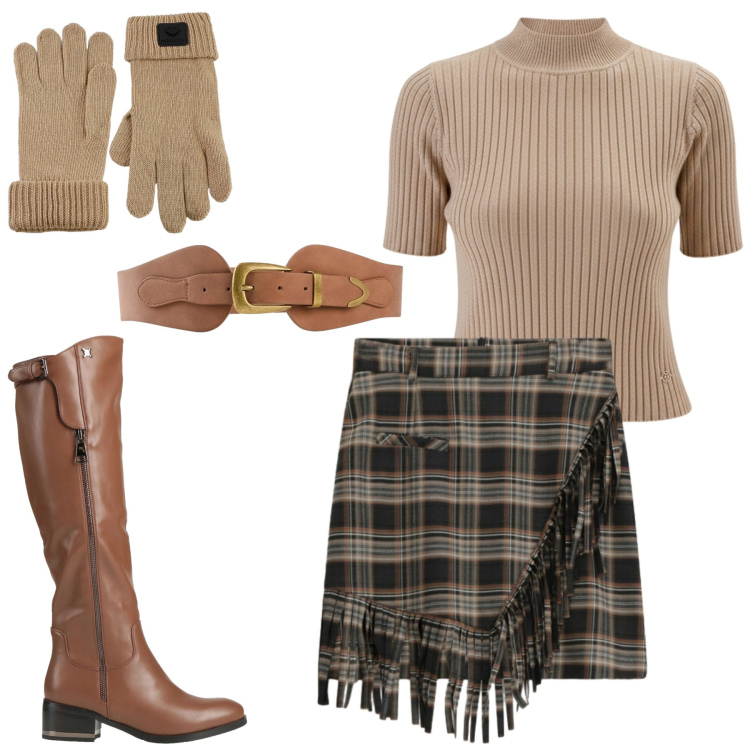 Outfit donna - Caldo tartan. Stile Casual per Tutti i giorni. Abbinamento con cinture, stivali, pullovers, minigonne, guanti.