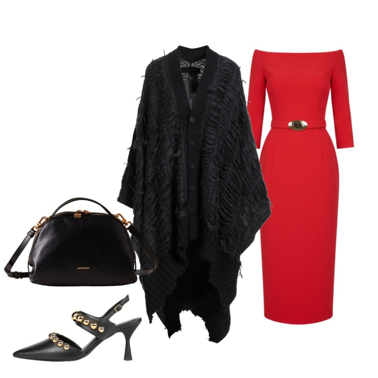Outfit donna - Rosso: è Natale!. Stile Glamour per Tutti i giorni. Abbinamento con décolleté, cappe, vestiti midi/longuette, borse a mano.
