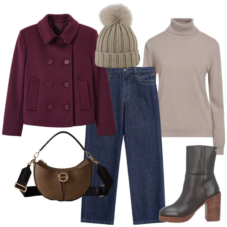 Outfit donna - Con leggerezza. Stile Casual per Tutti i giorni. Abbinamento con stivaletti, maglieria, jeans dritti, caban, borse a spalla, berretti.