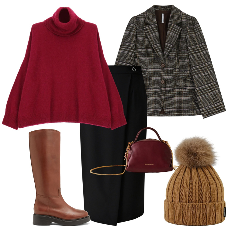 Outfit donna - Collo alto. Stile Bon Ton per Ufficio. Abbinamento con stivali, gonne, blazer, maglieria, borse a mano, berretti.