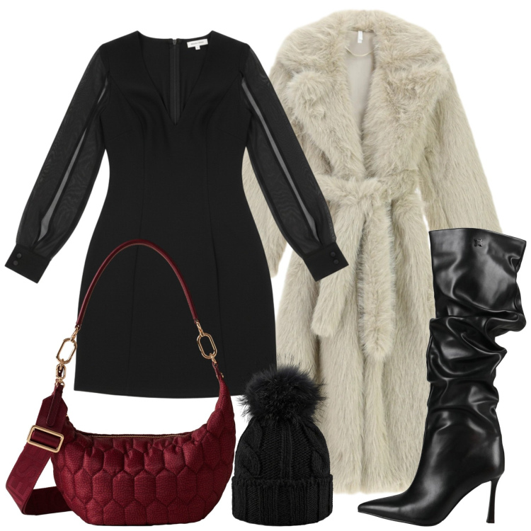 Outfit donna - Serata di dicembre. Stile Chic per Serata fuori. Abbinamento con stivali, vestiti corti, cappotti, borse a spalla, berretti.