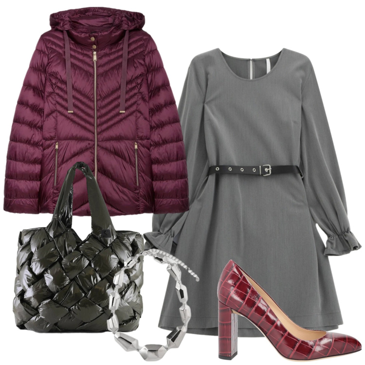 Outfit donna - Le décolleté pitonate. Stile Chic per Ufficio. Abbinamento con décolleté, vestiti corti, borse tote, piumini, ciondoli.