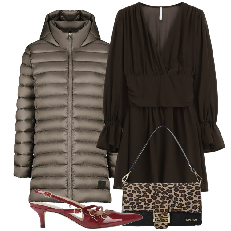 Outfit donna - Serata caffè. Stile Chic per Serata fuori. Abbinamento con décolleté, borse a spalla, vestiti corti, piumini.