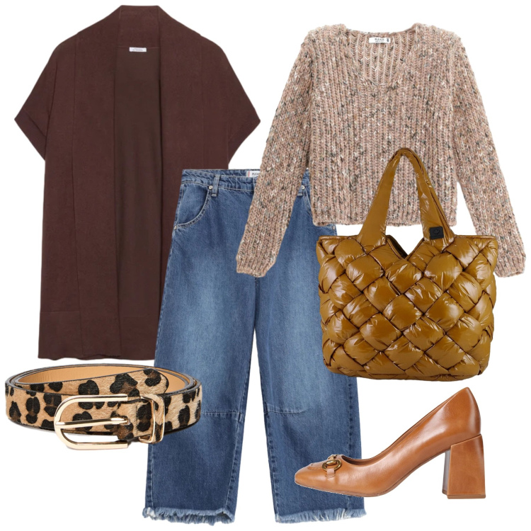 Outfit donna - Casual con classe. Stile Casual chic per Ufficio. Abbinamento con décolleté, maglieria, jeans, borse tote, cardigans, cinture.