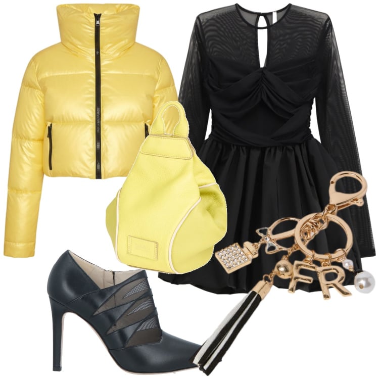 Outfit donna - Yellow and black. Stile Trendy per Serata fuori. Abbinamento con stivaletti, zaini, vestiti corti, piumini, portachiavi.