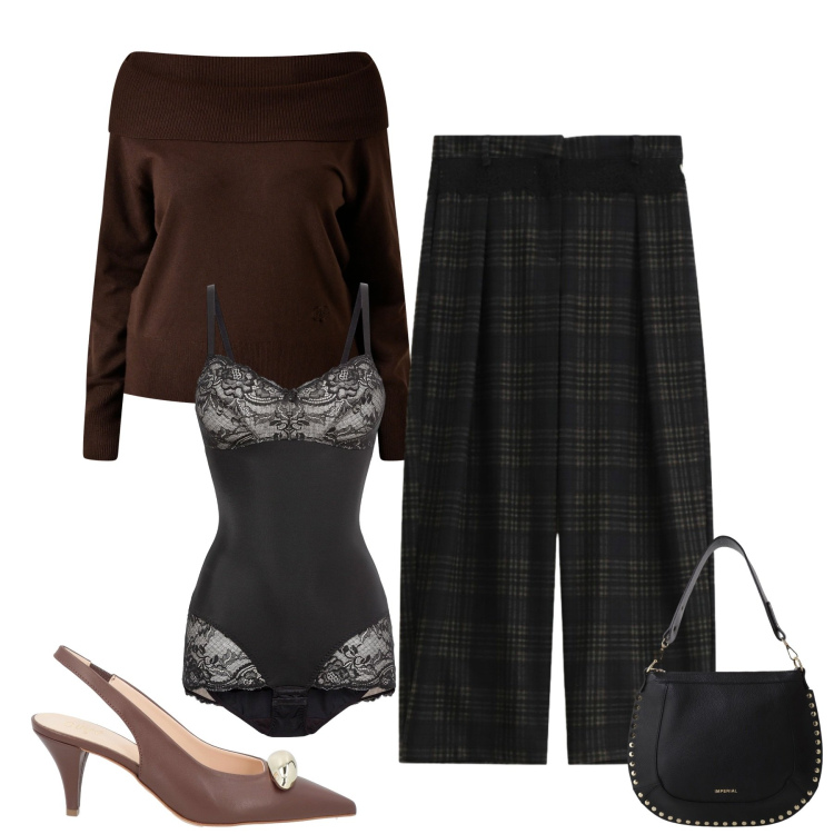 Outfit donna - Tocco facile. Stile Chic per Tutti i giorni. Abbinamento con body, décolleté, maglieria, borse a spalla, pantaloni a palazzo.