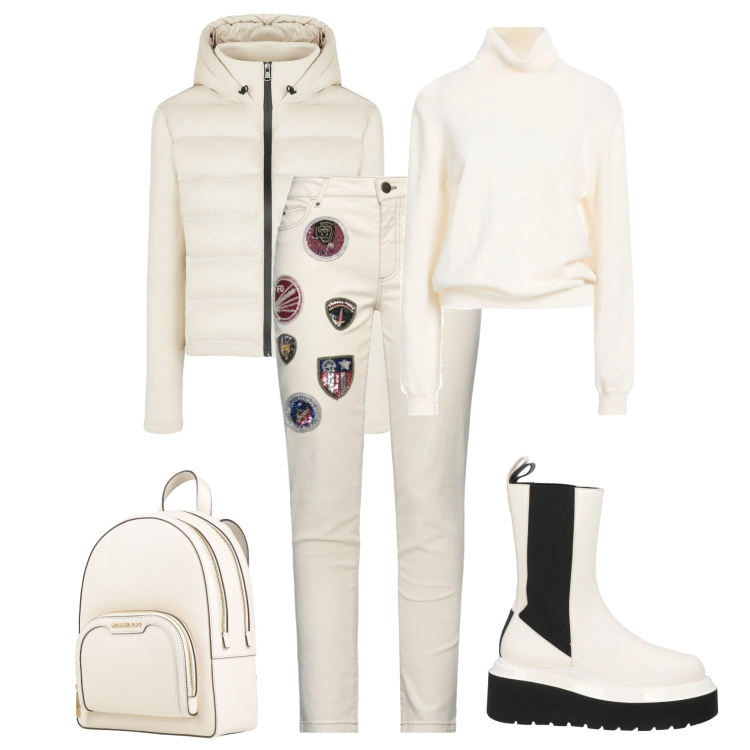 Outfit donna - Bianco neve in città. Stile Urban per Tutti i giorni. Abbinamento con jeans slim fit, zaini, maglieria, stivaletti, piumini.