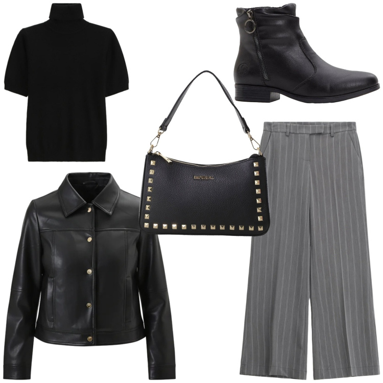 Outfit donna - Streetwear. Stile Urban per Tutti i giorni. Abbinamento con stivaletti, giacche, pantaloni a palazzo, pochette, maglieria.