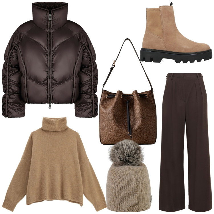 Outfit donna - Streetwear. Stile Urban per Tutti i giorni. Abbinamento con pantaloni, stivaletti, maglieria, borse a secchiello, berretti, piumini.