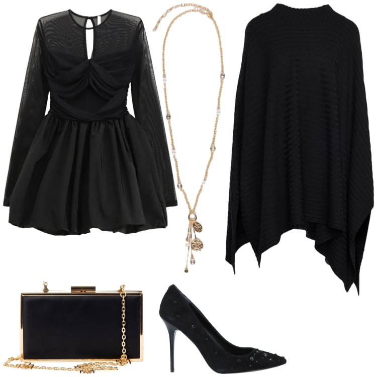 Outfit donna - Cerimonia a Dicembre. Stile Chic per Cerimonia. Abbinamento con cappotti, décolleté, pochette, vestiti corti, ciondoli.