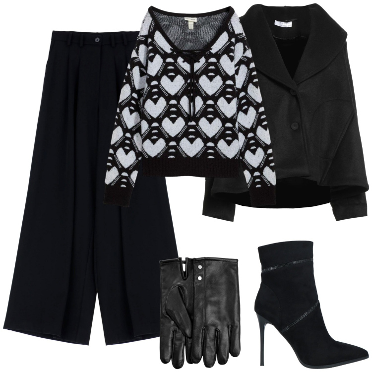 Outfit donna - Un pullover a cuori. Stile Bon Ton per Serata fuori. Abbinamento con maglieria, guanti, cappotti, stivaletti, pantaloni.