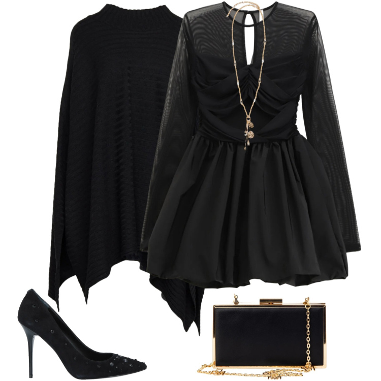 Outfit donna - Pronta per festeggiare. Stile Chic per Serata fuori. Abbinamento con décolleté, cappotti, pochette, vestiti corti, ciondoli.