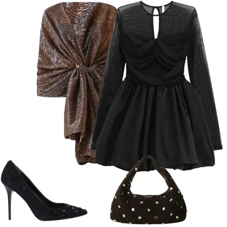 Outfit donna - Pronta per il brindisi. Stile Chic per Serata fuori. Abbinamento con décolleté, stole, vestiti corti, borse a spalla.