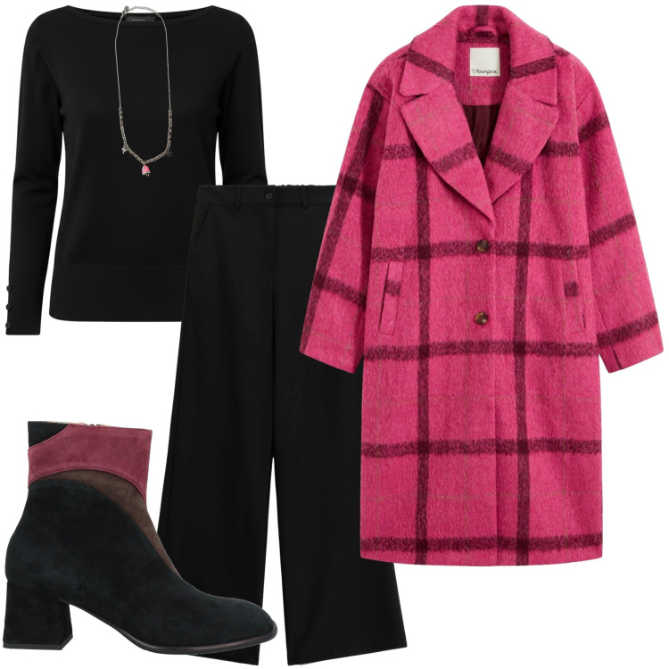 Outfit donna - Cappotto protagonista. Stile Casual chic per Ufficio. Abbinamento con cappotti, stivaletti, maglieria, pantaloni a palazzo, ciondoli.