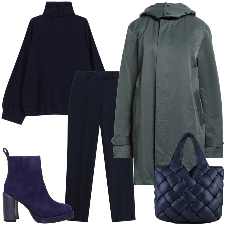 Outfit donna - Urban invernale. Stile Urban per Ufficio. Abbinamento con parka, stivaletti, pantaloni, maglieria, borse tote.