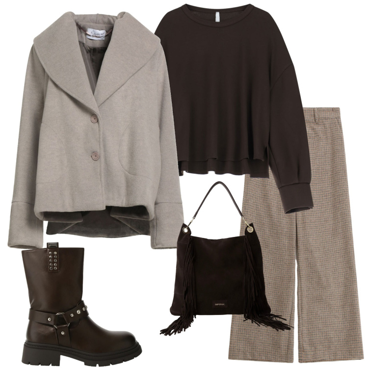 Outfit donna - In città. Stile Urban per Tutti i giorni. Abbinamento con cappotti, pantaloni a palazzo, borse a spalla, felpe, stivali.