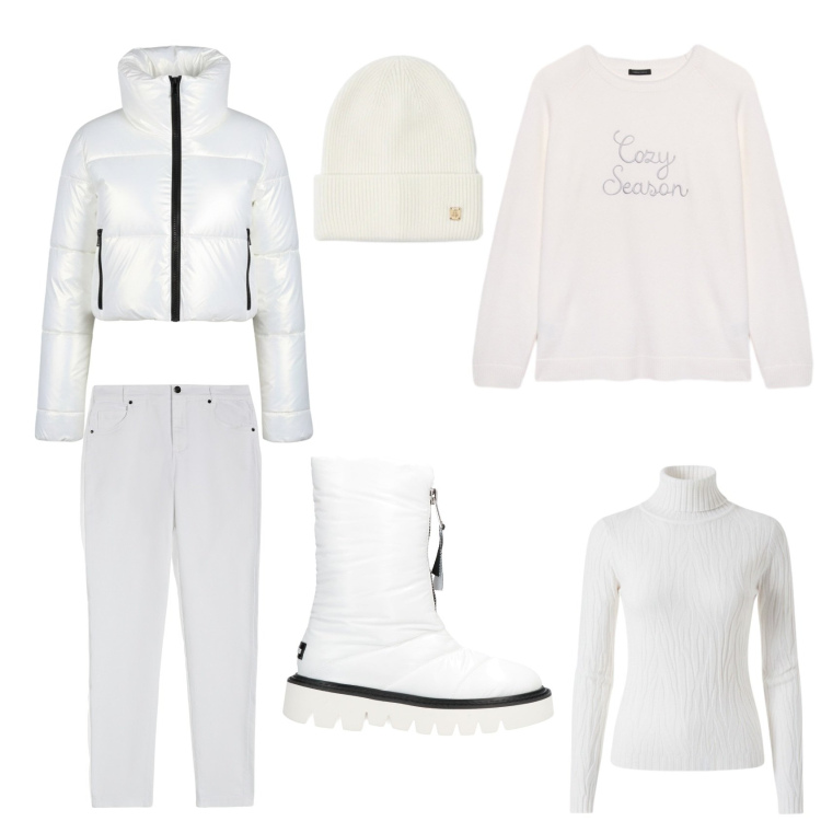 Outfit donna - Bianco Natale.. Stile Casual chic per Tutti i giorni. Abbinamento con stivaletti, maglieria, berretti, pantaloni skinny, piumini, maglieria.