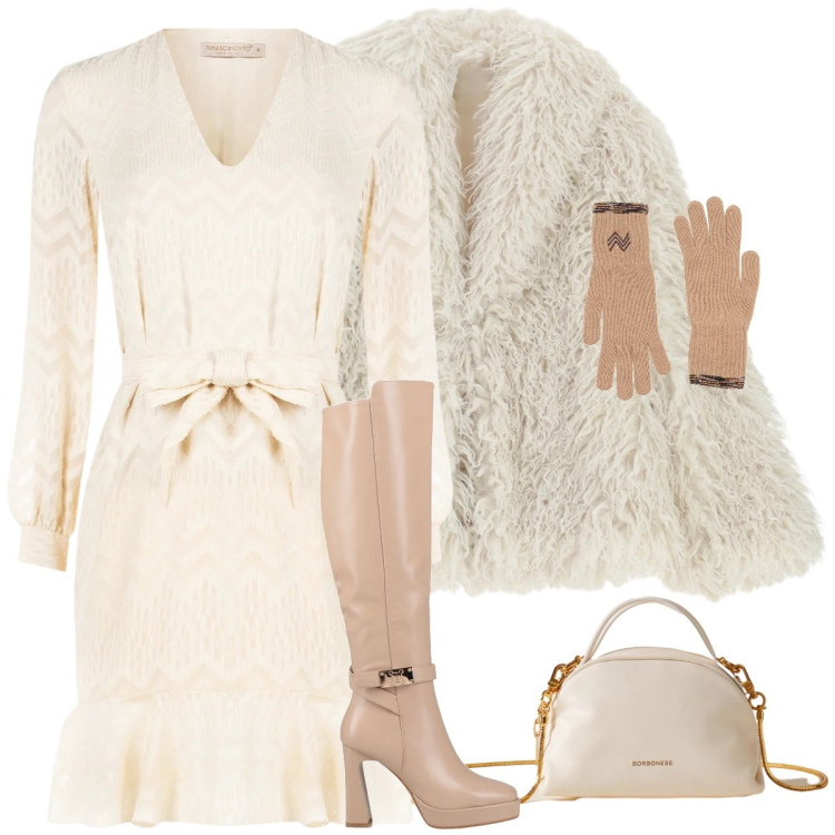 Outfit donna - Total look #2307228. Stile Casual chic per Serata fuori. Abbinamento con stivali, guanti, vestiti corti, ecopellicce, borse a mano.