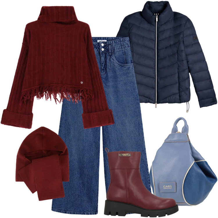 Outfit donna - Caldo maglione. Stile Casual per Tutti i giorni. Abbinamento con jeans, zaini, stivaletti, maglieria, sciarpe, piumini.