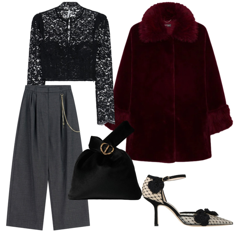 Outfit donna - Serate di festa. per Serata fuori. Abbinamento con décolleté, bluse, pantaloni a palazzo, borse a mano, cappotti.