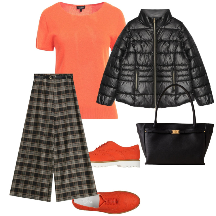 Outfit donna - In ufficio colorata. per Ufficio. Abbinamento con scarpe stringate, pullovers, pantaloni a palazzo, shopping bag, piumini.